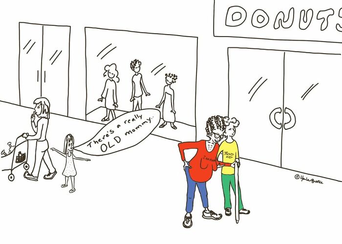 A parenting comic illustrates a young girl pointing out an 'OLD mommy' to her older sibling, highlighting relatable parenting moments.
