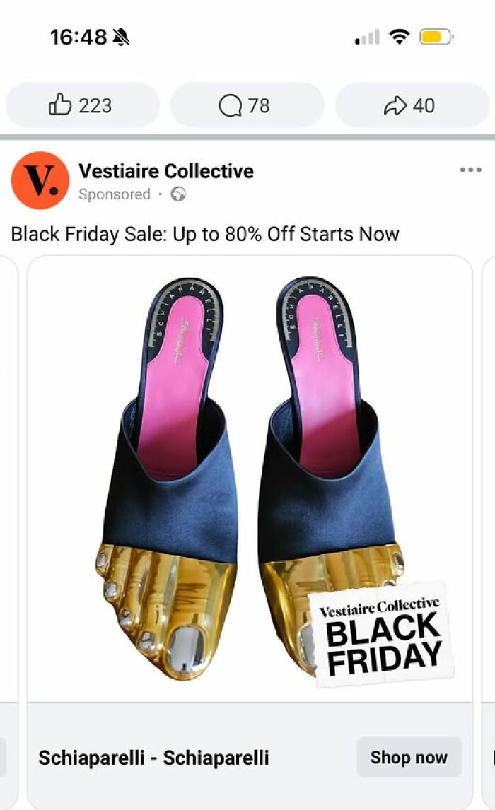 Schiaparelli shoes with gold toe caps shaped like human feet, illustrating a unique but bad fashion crime.