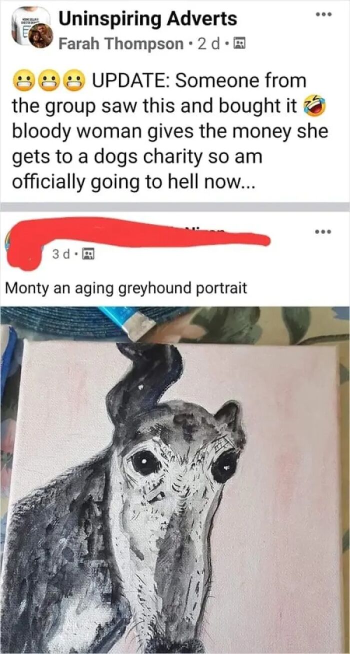 A painting of Monty, an aging greyhound portrait, being sold on an online marketplace, showing the weirdest people's tastes.