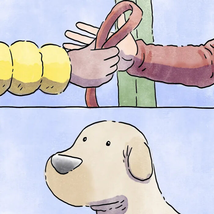Heartwarming comics showing hands exchanging a dog leash, with the pet dog looking up expectantly. Heartwarming comics showing hands exchanging a dog leash, with the pet dog looking up expectantly.