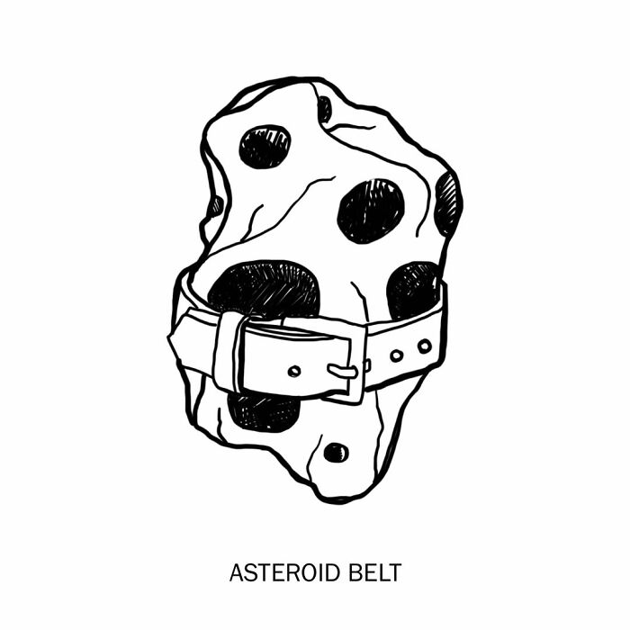 Humorous illustration of an asteroid wearing a belt, playfully redefining words.