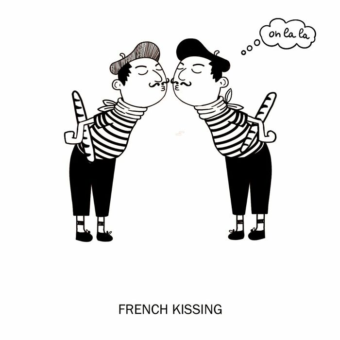 Humorous illustration of two French men kissing with a thought bubble that says oh la la, labeled FRENCH KISSING.