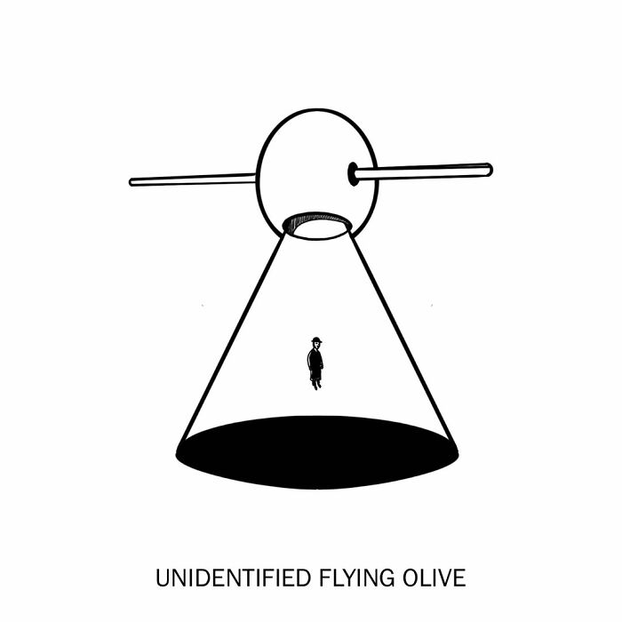 Humorous illustration of a flying saucer shining a light on a small olive, labeled UNIDENTIFIED FLYING OLIVE.