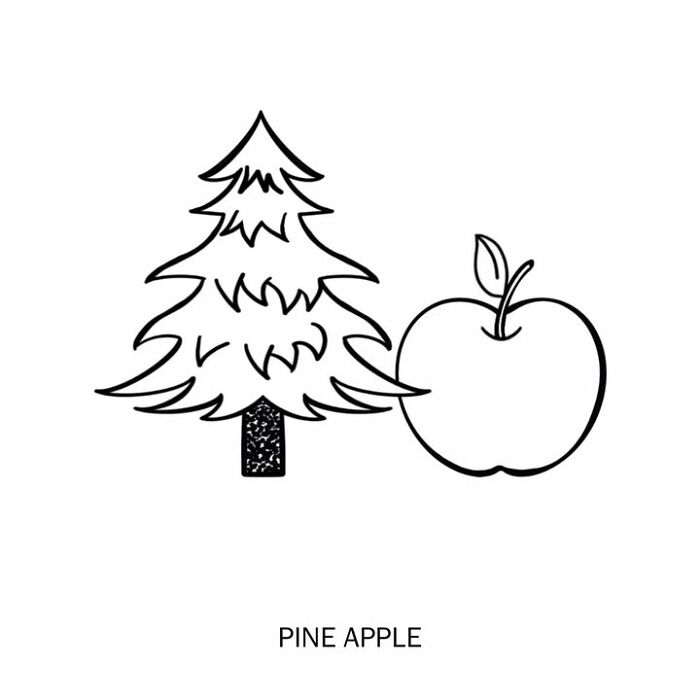 Humorous illustration of a pine tree next to an apple, labeled PINE APPLE.