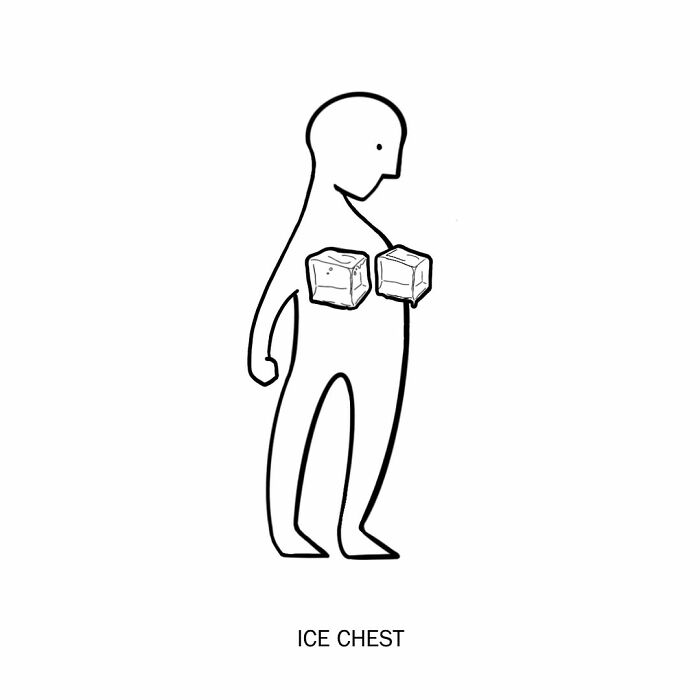 Humorous illustration of a person with two ice cubes on their chest, labeled ICE CHEST.