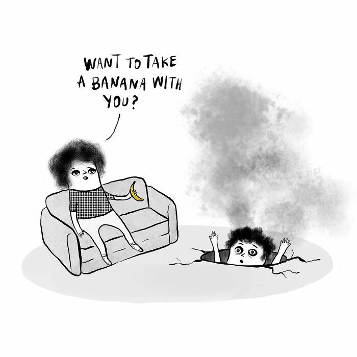 A one-panel comic: a person sits on a couch offering a banana to someone emerging from a crack in the floor, enveloped in smoke.