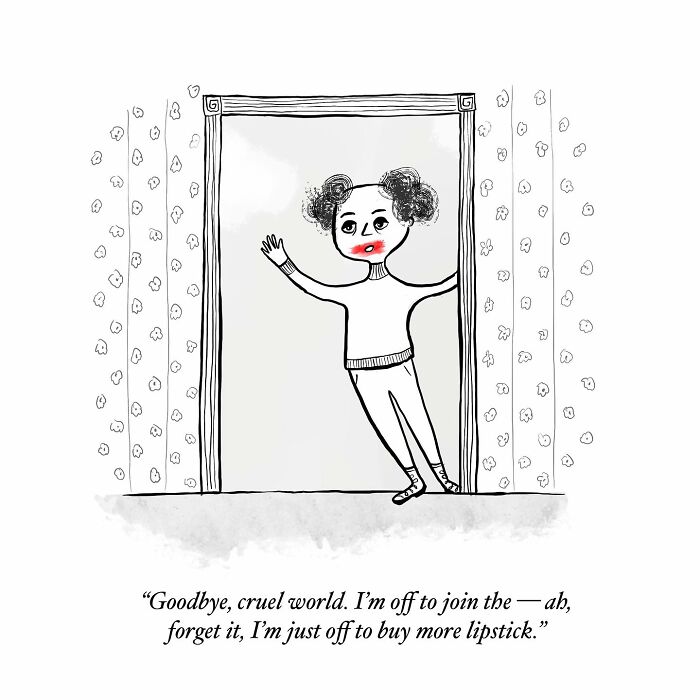 One-panel comics humorously shows a person leaving to buy lipstick, finding humor in mundane everyday thoughts.