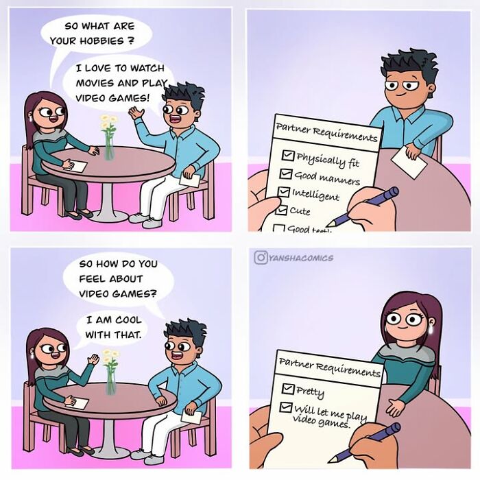 Adorable comics showing a couple discussing partner requirements and video games, highlighting what it means to be in love.