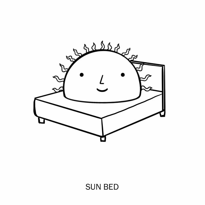 Humorous illustration of a sun with a smiling face lying on a bed labeled SUN BED.