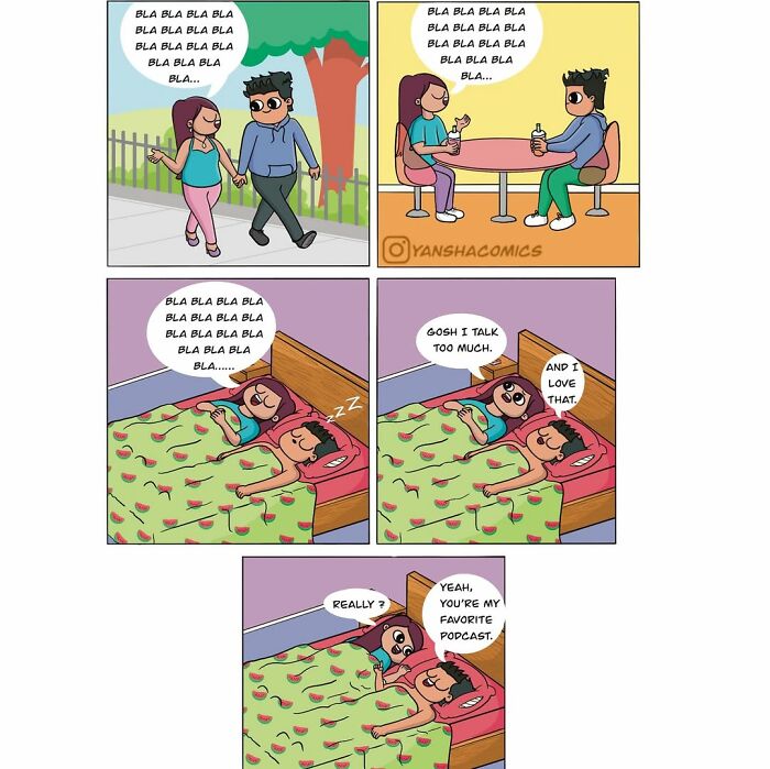 Adorable comics depicting a talkative girlfriend and a loving boyfriend, illustrating what it means to be in love.