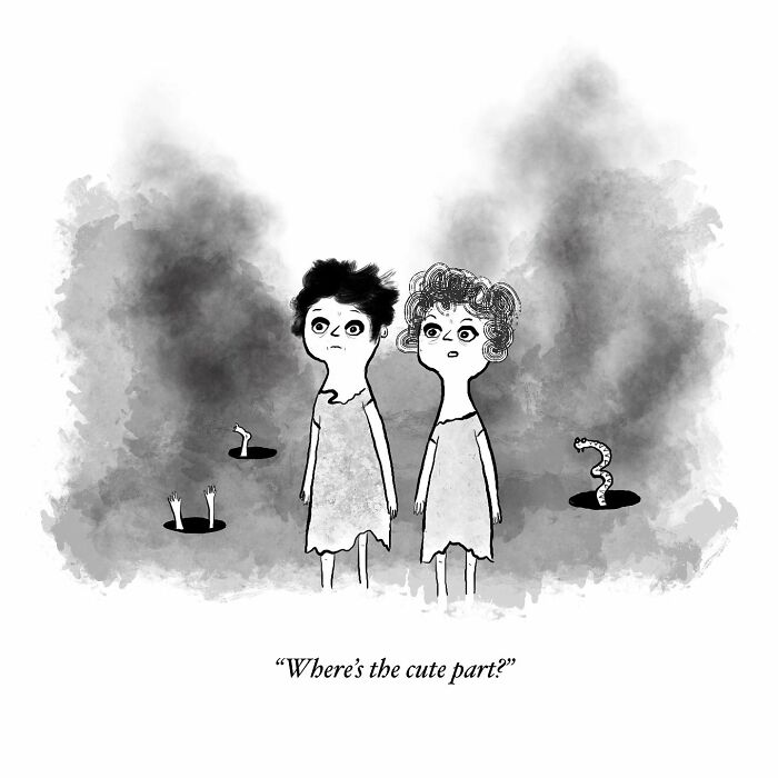 One-panel comics humorously features two people questioning cuteness in a dark scene, finding humor in mundane thoughts.