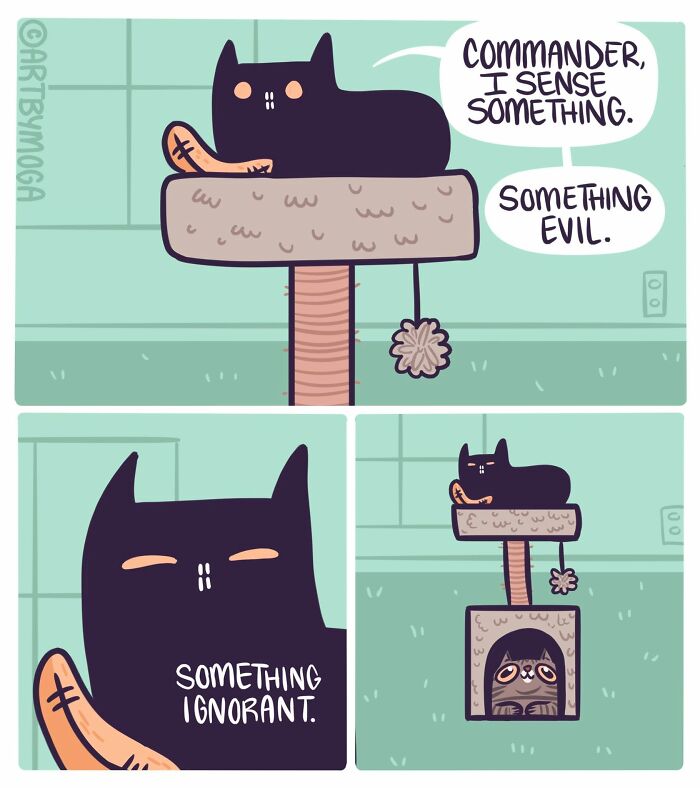 A comic by Meg Adams where a cat on a cat tree senses something evil, then something ignorant.