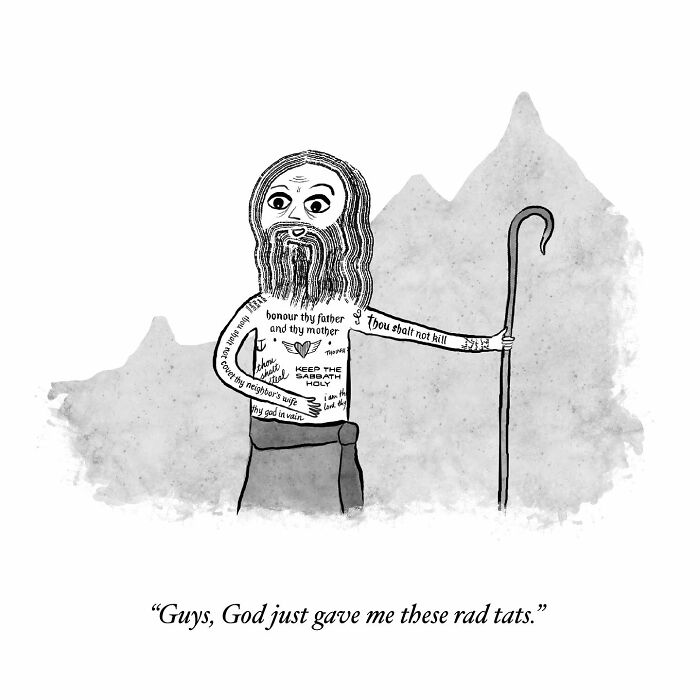 One-panel comics humorously shows a man with 'rad tats' of commandments, finding humor in everyday thoughts.