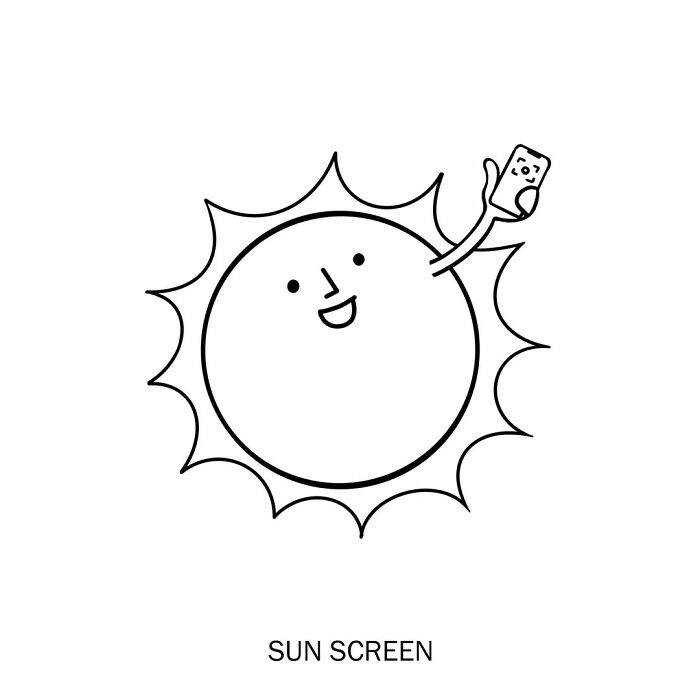 Humorous illustration: a smiling sun holds up sunscreen, playfully redefining words with a visual pun.
