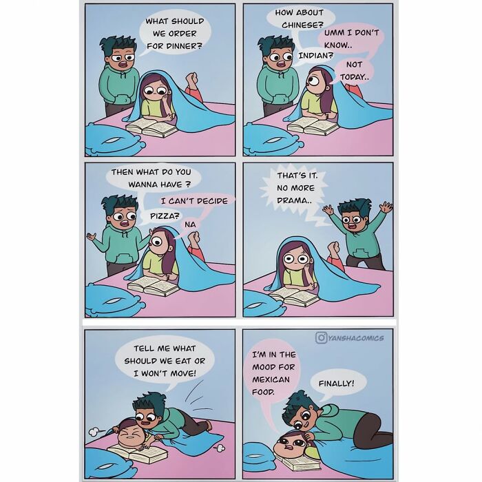 Adorable comics about a couple debating dinner choices, showing what it means to be in love.