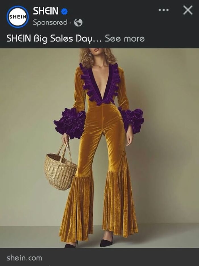 A woman wearing a hilariously bad fashion jumpsuit, golden with purple ruffles and large bell-bottoms, holding a basket.
