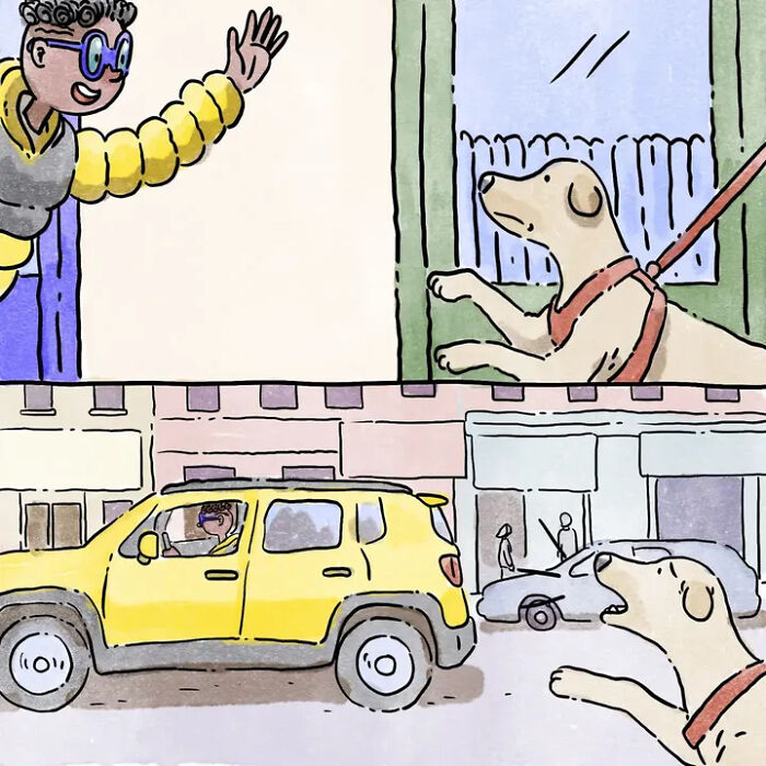 Heartwarming comics depicting a person waving goodbye to their pet dog, then driving away in a yellow car. Heartwarming comics depicting a person waving goodbye to their pet dog, then driving away in a yellow car.