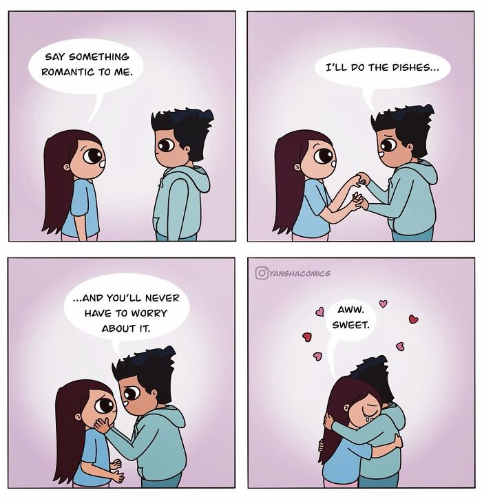 Adorable comics where a man's romantic gesture is offering to do dishes, making his partner happy and showcasing what it means to be in love.