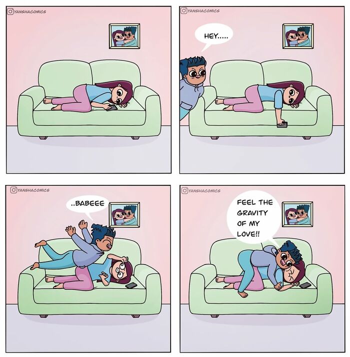 Adorable comics of a man playfully jumping onto a woman on a couch, declaring his love, showing what it means to be in love.