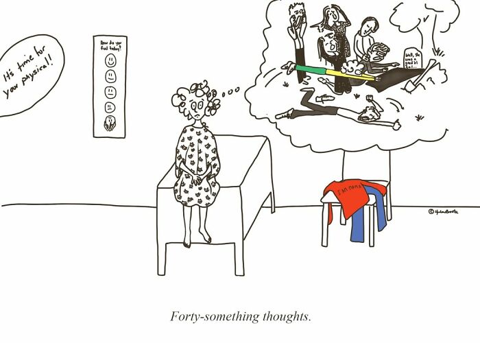 A relatable comic shows a woman at a doctor's office, thinking about the messy side of parenting responsibilities.
