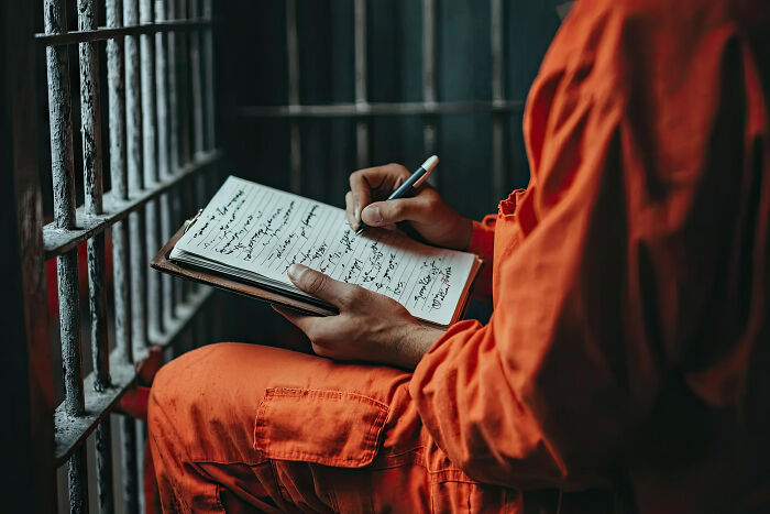 A person in an orange jumpsuit writes in a notebook, revealing a secret from prison.