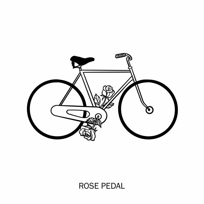 Humorous illustration: a 'rose pedal' bicycle with roses on its pedals, playfully redefining words with a visual pun.