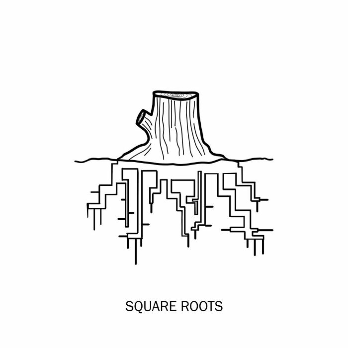 Humorous illustration: a tree stump with 'square roots' extending underground, playfully redefining words with a visual pun.