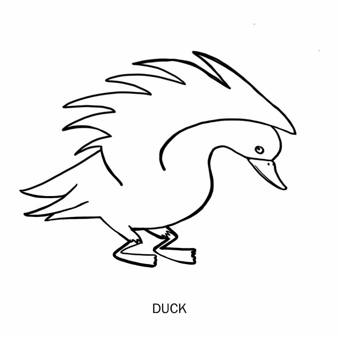 Humorous illustration of a duck with quills, playfully redefining words.
