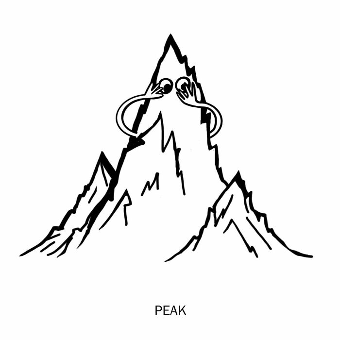 Humorous illustration of a mountain peak with eyes and arms, playfully redefining words.