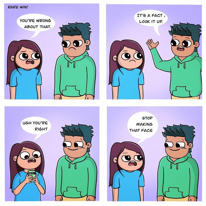 Adorable comics depicting a couple bickering, with one partner admitting the other is right, reflecting what it means to be in love.