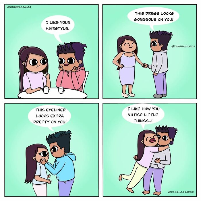 Adorable comics illustrating a couple complimenting each other and hugging, showing what it means to be in love.