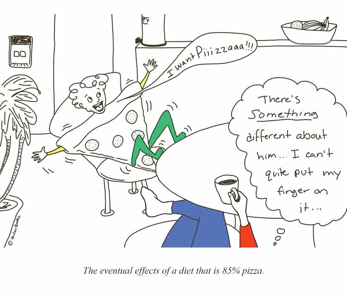 A relatable parenting comic showing a child transformed into a pizza, highlighting the messy side of parenting.