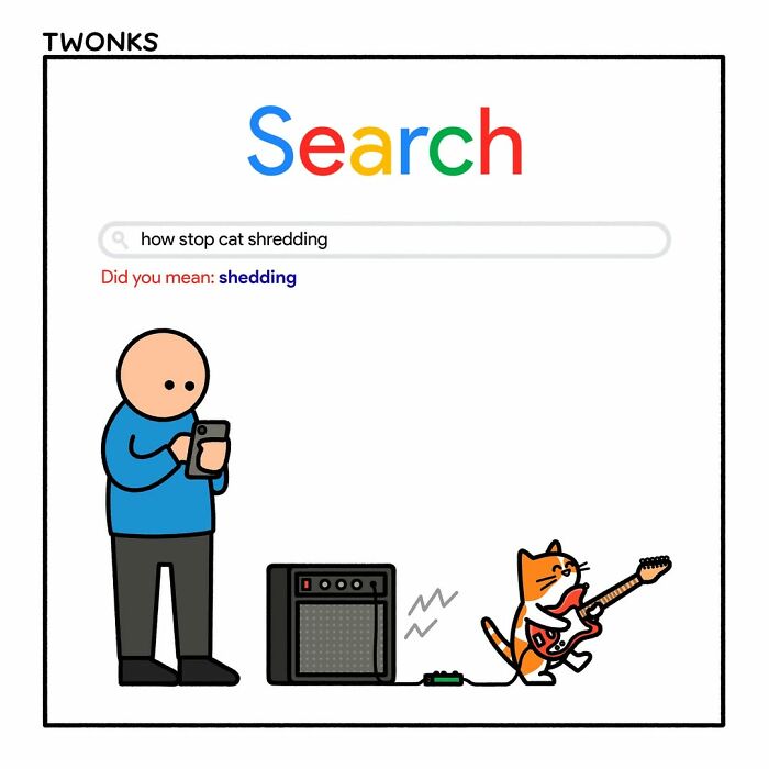 Funny cat comics: a person searches how to stop cat shredding, while a cat plays an electric guitar loudly.