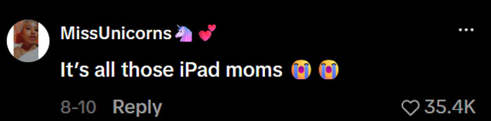 A comment from MissUnicorns criticizing 'iPad moms' in response to kids mornings. A comment from MissUnicorns criticizing 'iPad moms' in response to kids mornings.
