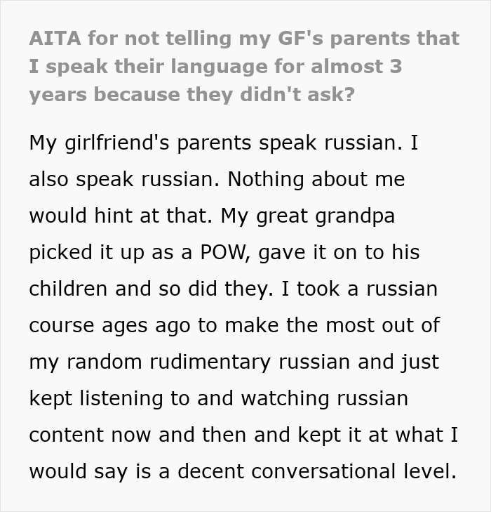 Guy's Accidental Russian Reveal Leaves GF's Parents Feeling Like He Was Hiding A Major Secret Guy's Accidental Russian Reveal Leaves GF's Parents Feeling Like He Was Hiding A Major Secret
