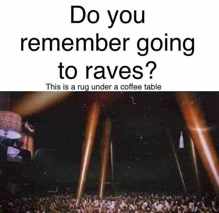 A humorous Gen X meme showing a rug under a coffee table mistaken for a rave crowd with lights.