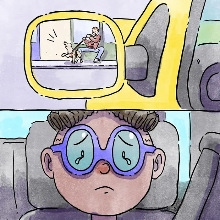 Heartwarming comics of a person in a car, sadly looking in the rearview mirror at their pet dog with a friend. Heartwarming comics of a person in a car, sadly looking in the rearview mirror at their pet dog with a friend.