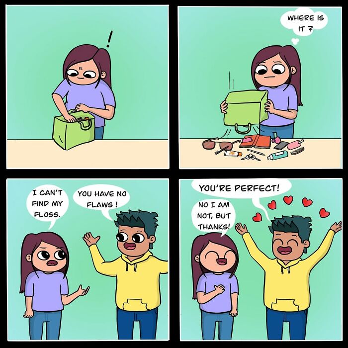 Adorable comics showing a boyfriend reassuring his girlfriend shes perfect despite her searching for dental floss, capturing the essence of being in love.