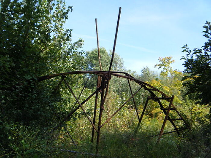 A rusted, metal structure stands amidst dense foliage under a clear sky, a compelling site for urban exploration with location.