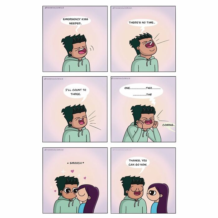 Adorable comics portraying a playful request for an 'emergency kiss' between a loving couple.