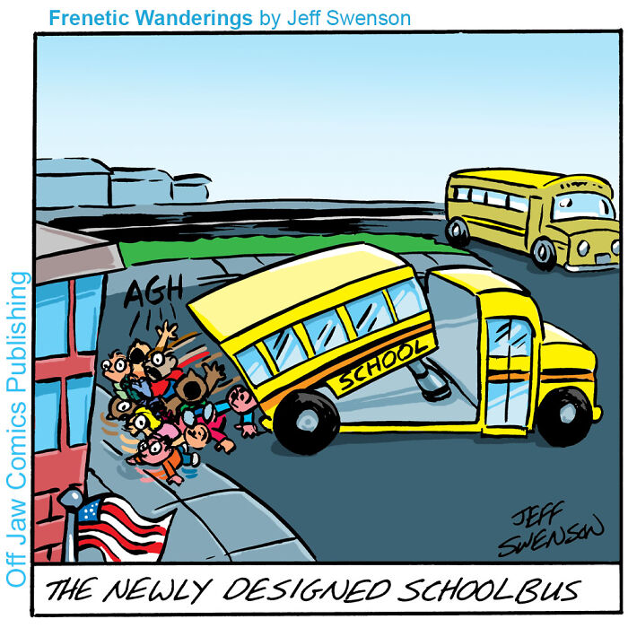 One-panel comics showing a school bus tipping over and spilling children out onto the sidewalk.