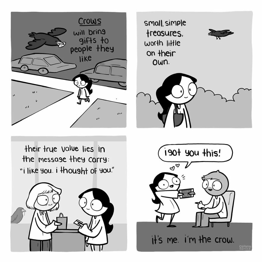A four-panel comic illustrating acts of service, specifically giving gifts, as a love language.
