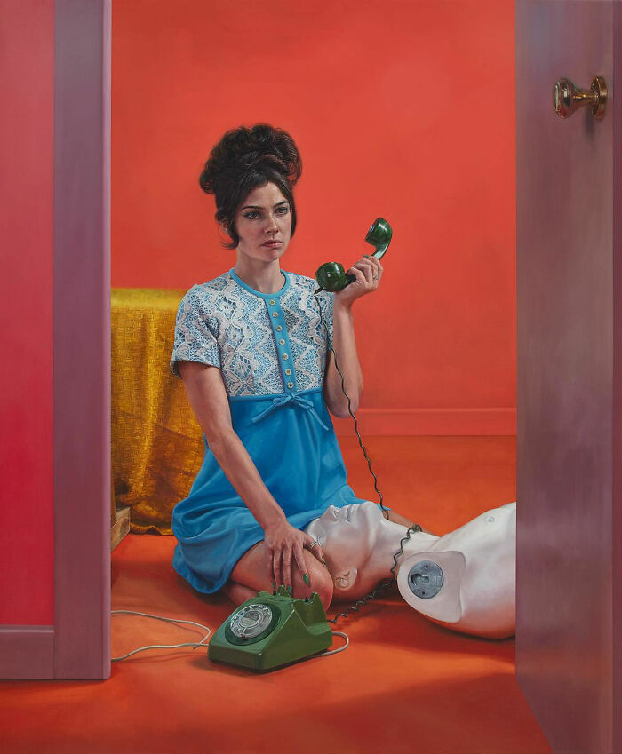 Hyperrealist paintings by Ian Cumberland: a woman on the floor holding a phone, next to a mannequin head.