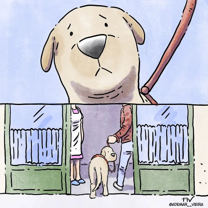 Heartwarming comics illustrating a sad pet dog watching a person leave with another dog through a doorway. Heartwarming comics illustrating a sad pet dog watching a person leave with another dog through a doorway.