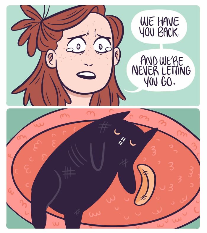 A comic by Meg Adams showing a woman reunited with her cat, vowing never to let it go.