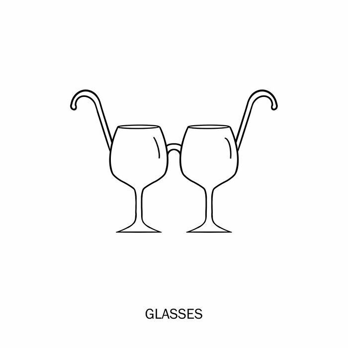 Humorous illustration: Two wine glasses with arms, playfully forming eyeglasses.