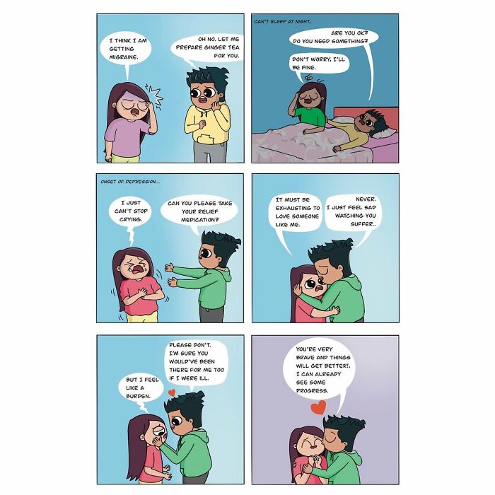 Adorable comics showing a partner supporting through illness and depression, demonstrating true love.