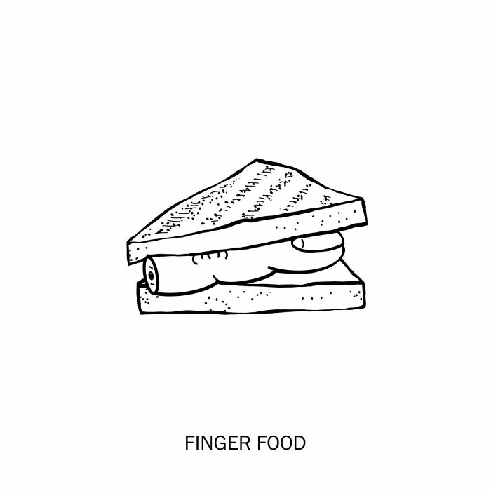 Humorous illustration: A sandwich with fingers as filling, playfully redefining finger food.