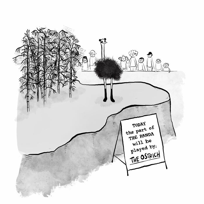 A one-panel comic depicts an ostrich as a panda, finding humor in mundane everyday thoughts at a zoo.