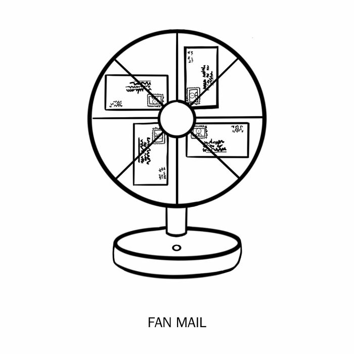 Humorous illustration: A desk fan blowing envelopes, playfully redefining fan mail.